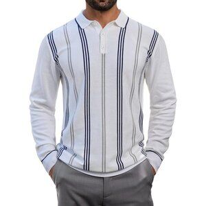 Men's Knit Polo Sweater Long Sleeve Striped Thermal Button Collar Sweater White